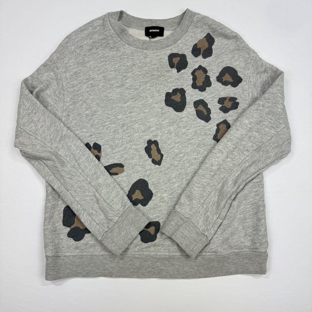 Monrow Sweatshirt Gray Leopard Print Crewneck Size S Pullover Long Sleeve - Picture 7 of 10